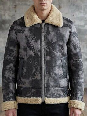 VTG WWII Fighter Bomber Plane Print Aviator Bomber Shearling Sheepskin Jacket L